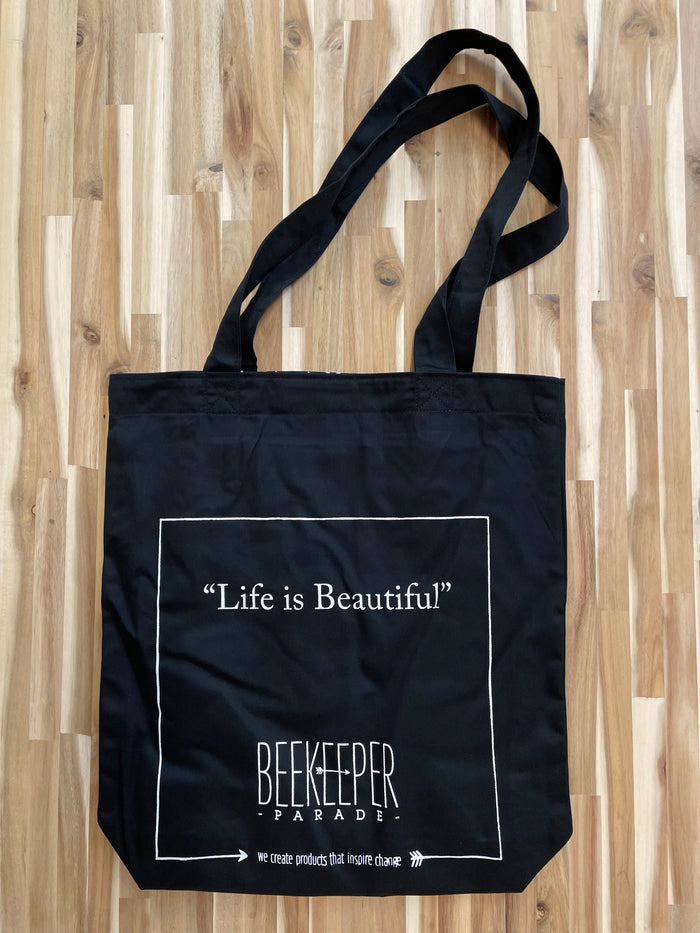 The "Life is Beautiful" Quote Tote Large (Black Canvass)
