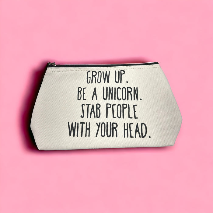 THE "GROW UP. BE A UNICORN 🦄" QUOTE Large Toiletry + Makeup Bag (WHITE CANVAS)