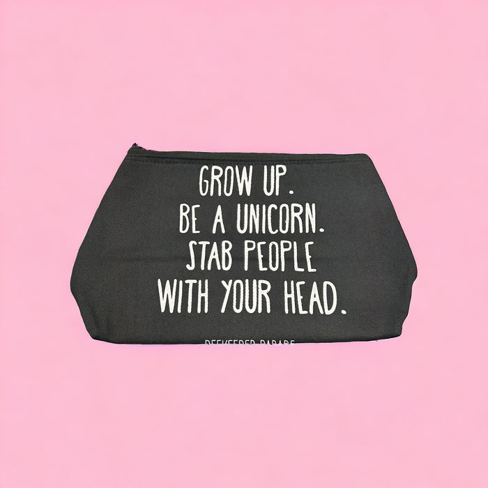 THE "GROW UP. BE A UNICORN 🦄" QUOTE Large Toiletry + Makeup Bag (BLACK CANVAS)
