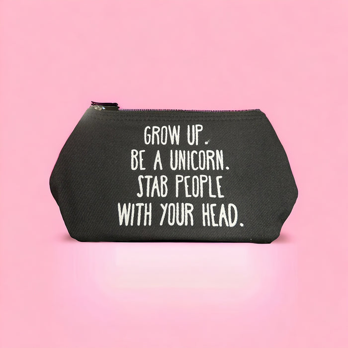 THE "GROW UP. BE A UNICORN 🦄" QUOTE Small Toiletry + Makeup Bag (BLACK CANVASS)