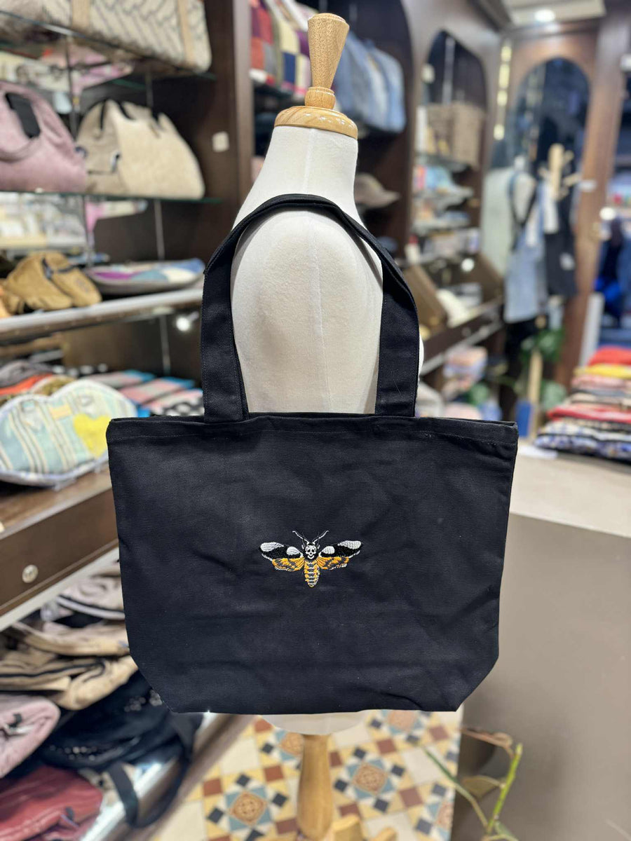 The Deathhead Moth 🦋 on Black Canvass Tote Bag (Large)- Embroidered Collection 🪡