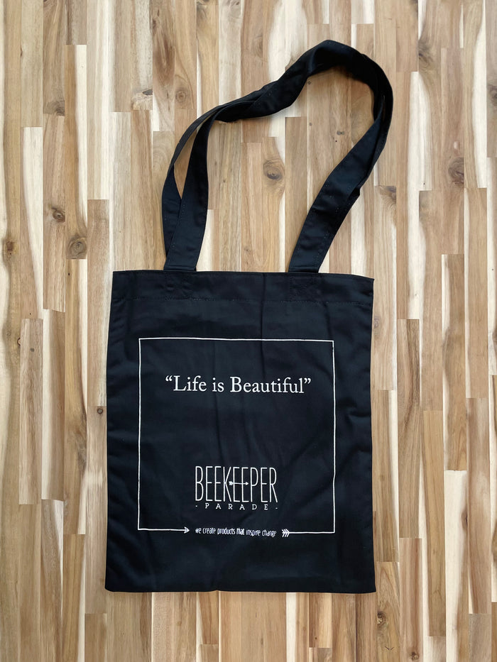 The "Life is Beautiful" Quote Tote Medium (Black Canvass)