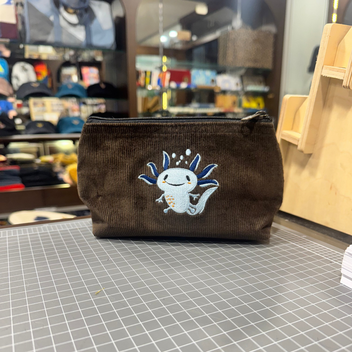 The Winter Axolotl ❄️ on Chocolate Corduroy 🍫 Small Toiletry + Makeup Bag | Embroidered Collection 🪡