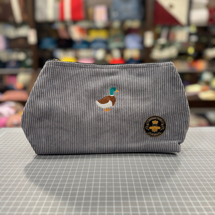 The Duck 🦆🪡 on Koala Grey Corduroy Large Toiletry + Makeup Bag