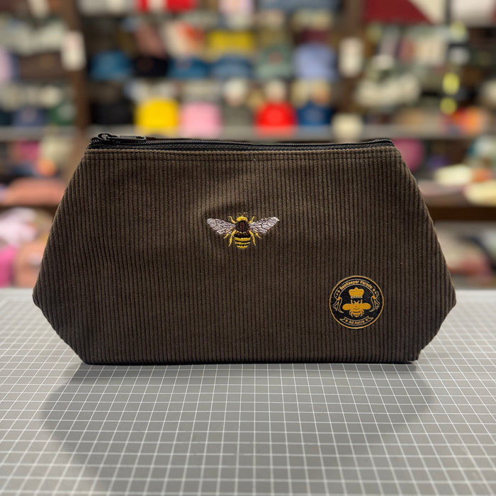 The Bee 🐝🪡 on Chocolate Corduroy Large Toiletry + Makeup Bag