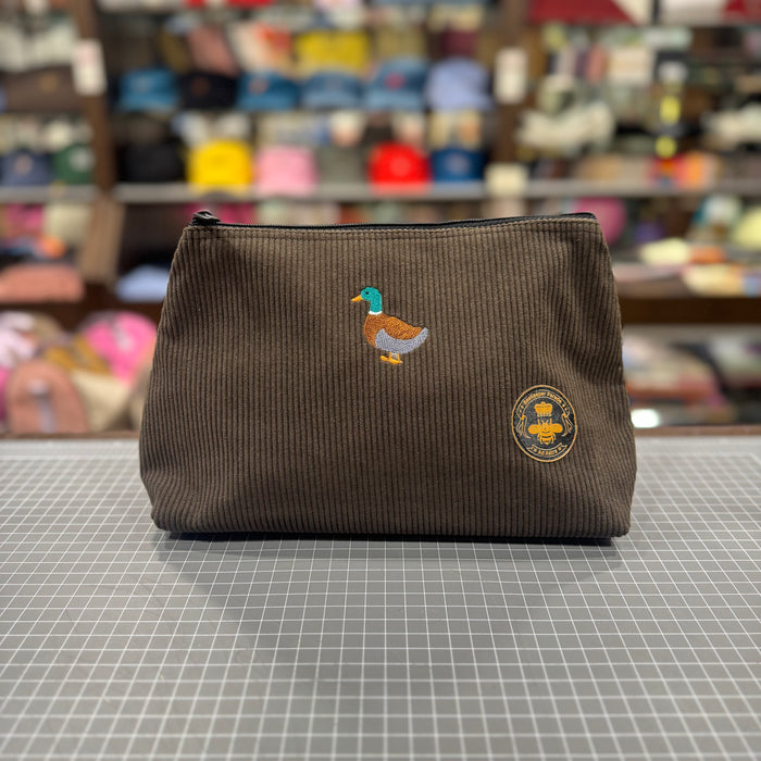 The Duck 🦆🪡 on Chocolate Corduroy Large Toiletry + Makeup Bag