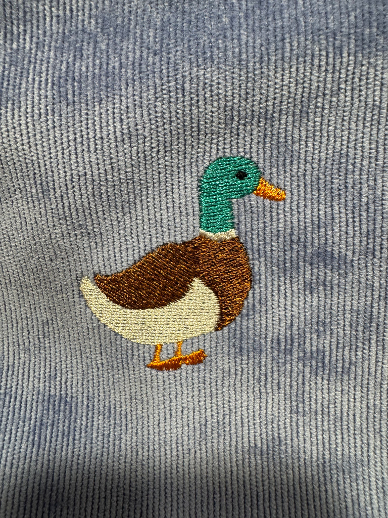 The Duck 🦆🪡 on Sky Blue Corduroy Large Toiletry + Makeup Bag