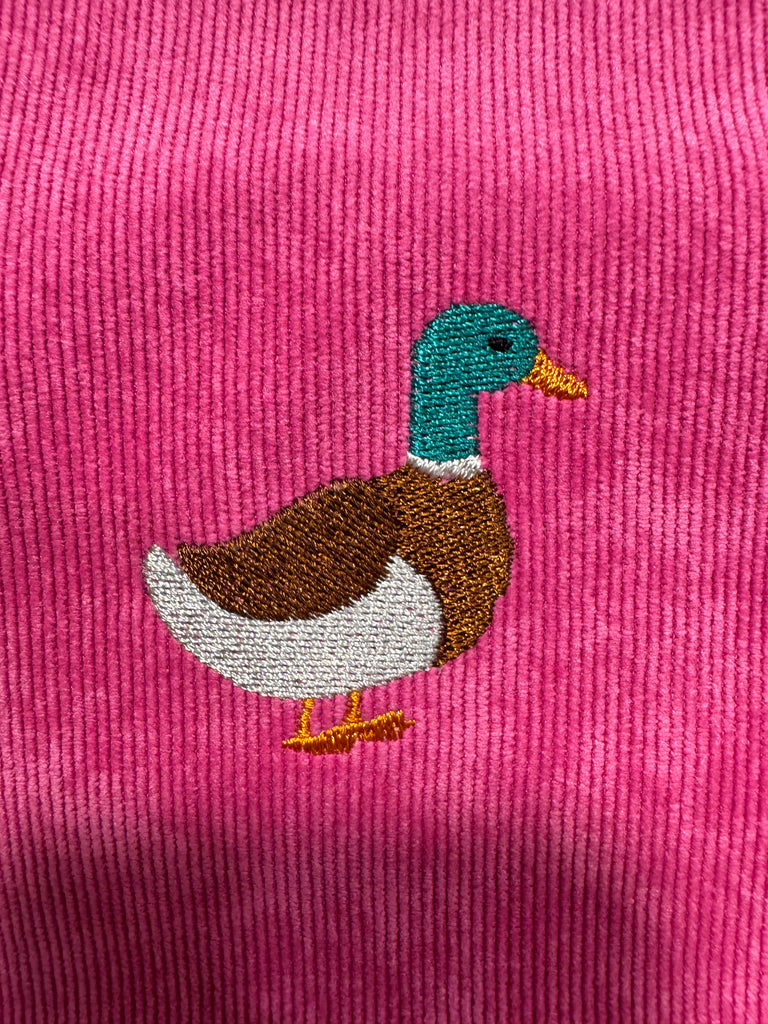 The Duck 🦆🪡 on Hot Pink Corduroy Large Toiletry + Makeup Bag