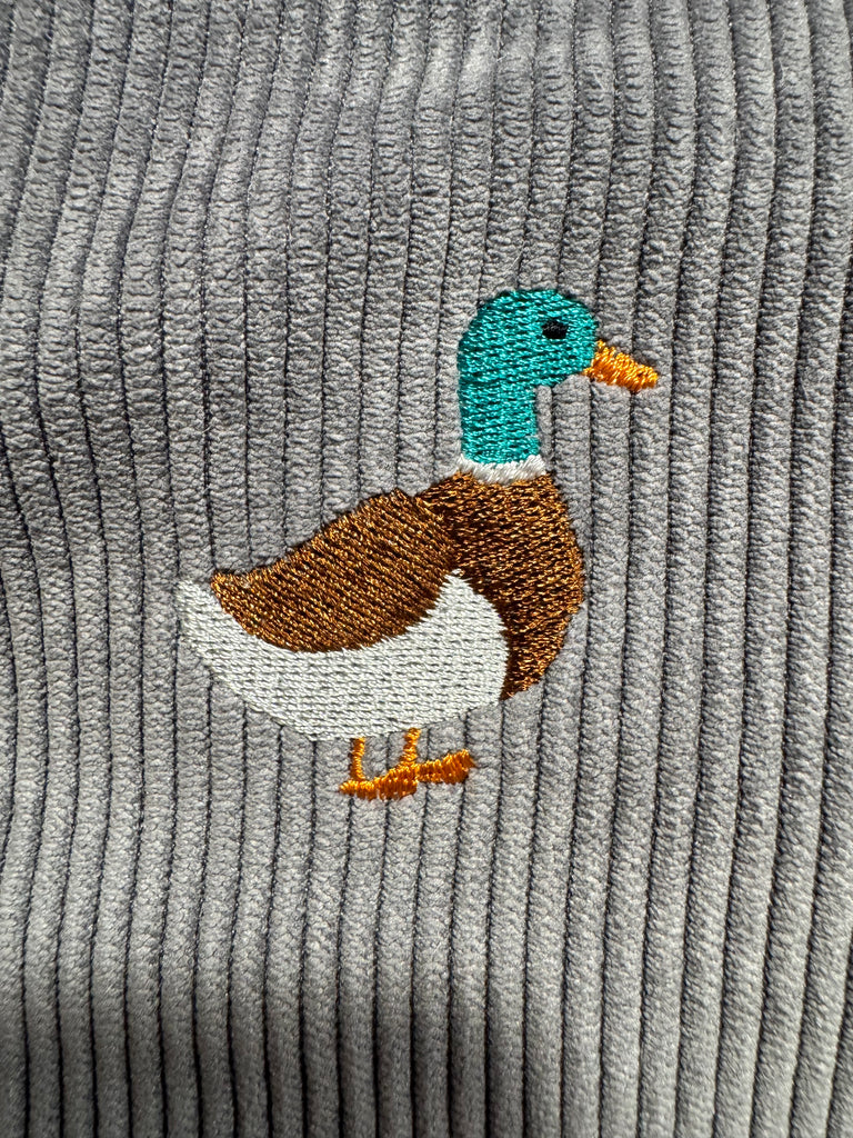 The Duck 🦆🪡 on Koala Grey Corduroy Large Toiletry + Makeup Bag