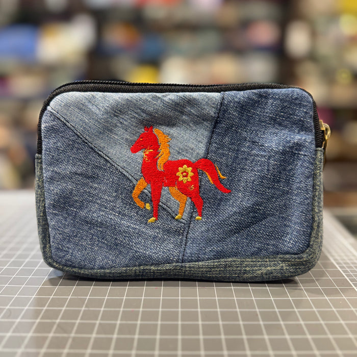 The Fire Horse 🔥🐎 on Denim Embroidered Phone + Passport Sleeve