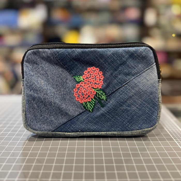 The Pink Hydrangea 💐 on Denim Embroidered Phone + Passport Sleeve