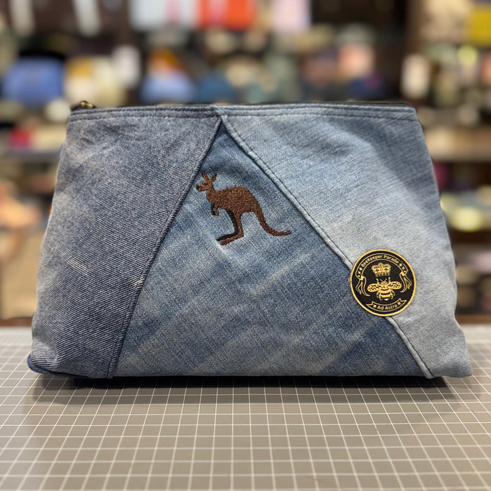 The Kangaroo 🦘 on Denim Large Toiletry + Makeup Bag