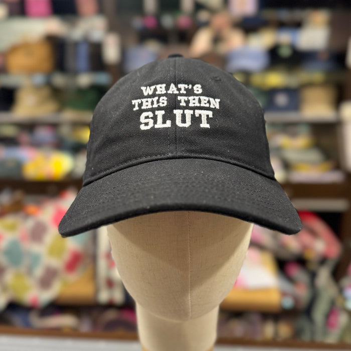 "WHAT'S THIS THEN SLUT" 💋 Embroidered Canvas Cap 🧢 (Panda Black)