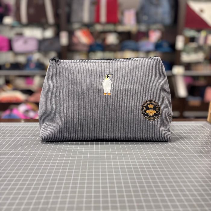 The Penguin 🐧 Gray Corduroy Large Toiletry + Makeup Bag