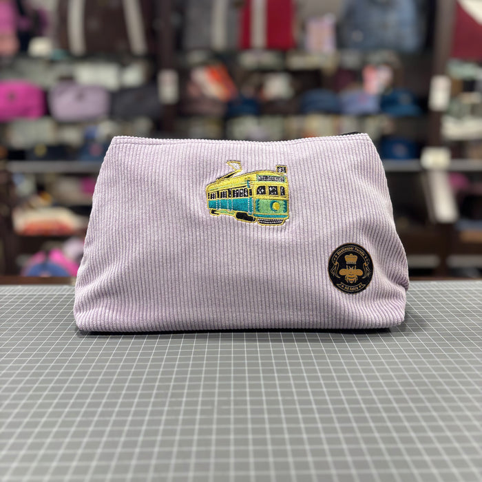 The Tram 🚃 on Lavender Corduroy Large Toiletry + Makeup Bag