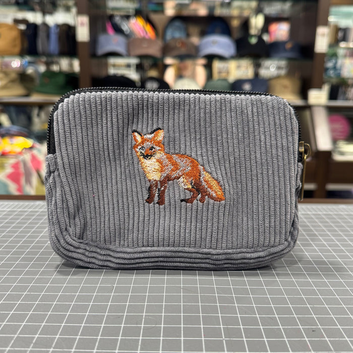 The Fox 🦊 on Grey Corduroy Embroidered Phone + Passport Sleeve