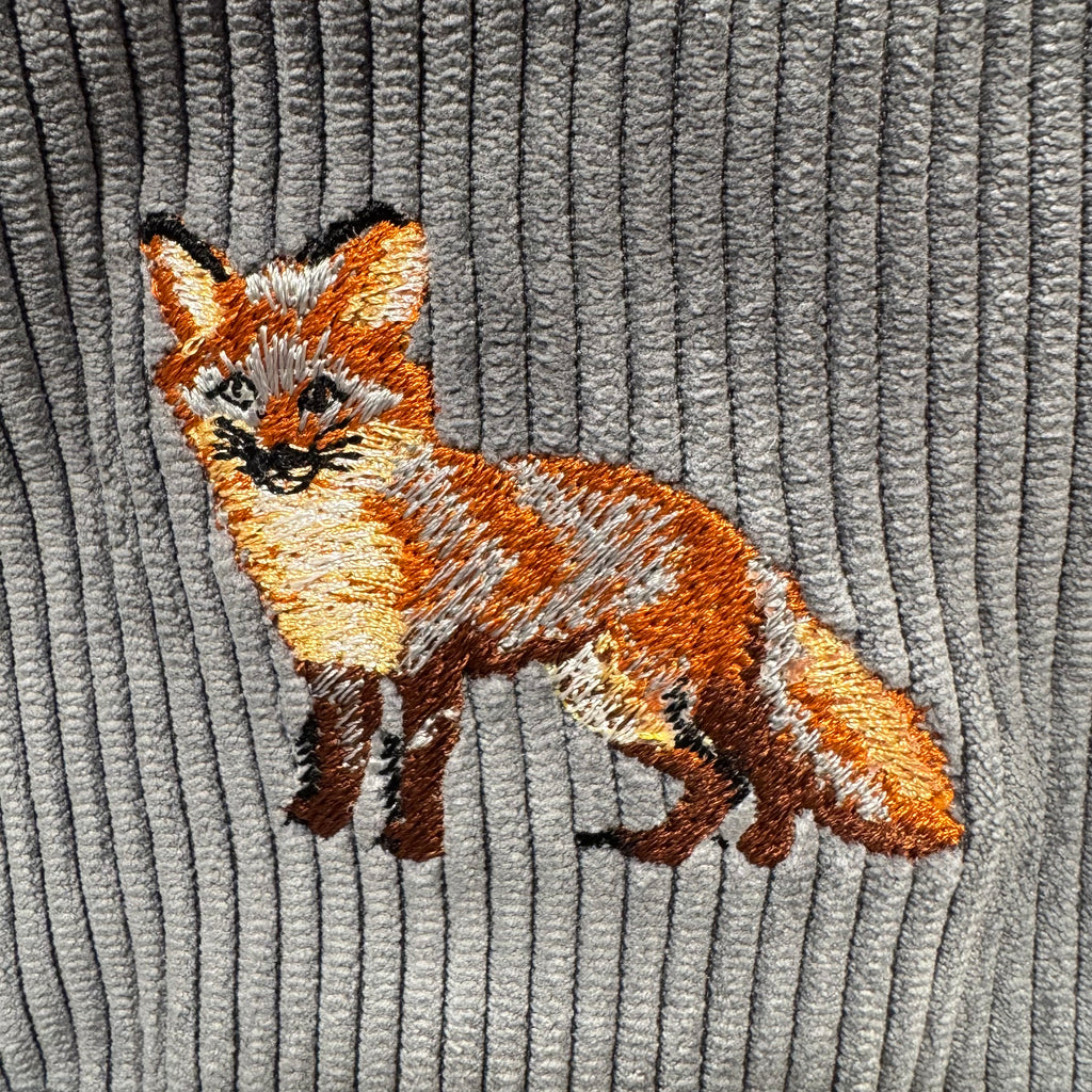 The Fox 🦊 on Grey Corduroy Embroidered Phone + Passport Sleeve