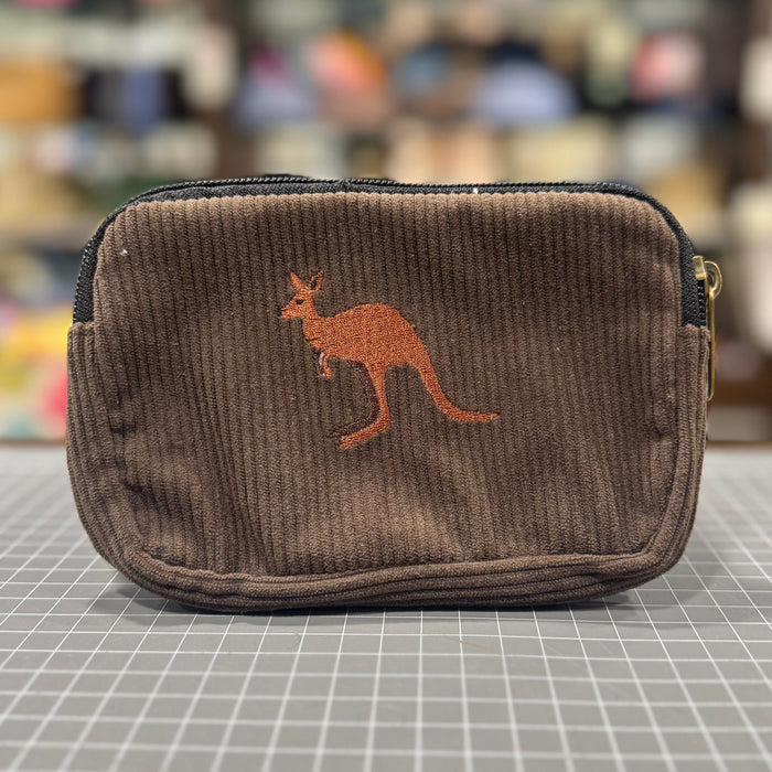 The Kangaroo 🦘 on Chocolate Corduroy Embroidered Phone + Passport Sleeve