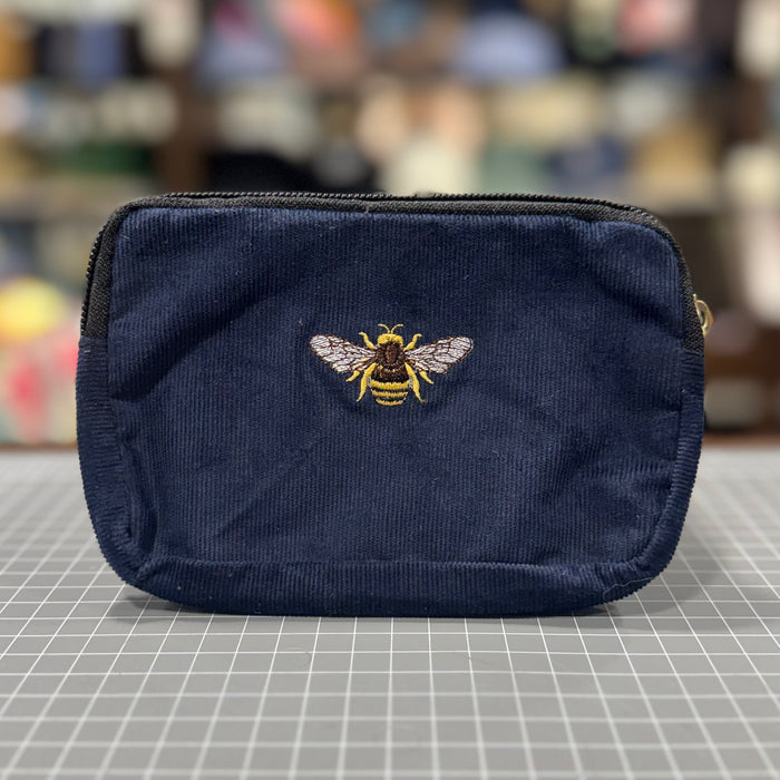 The Bee 🐝 on Navy Corduroy Embroidered Phone + Passport Sleeve