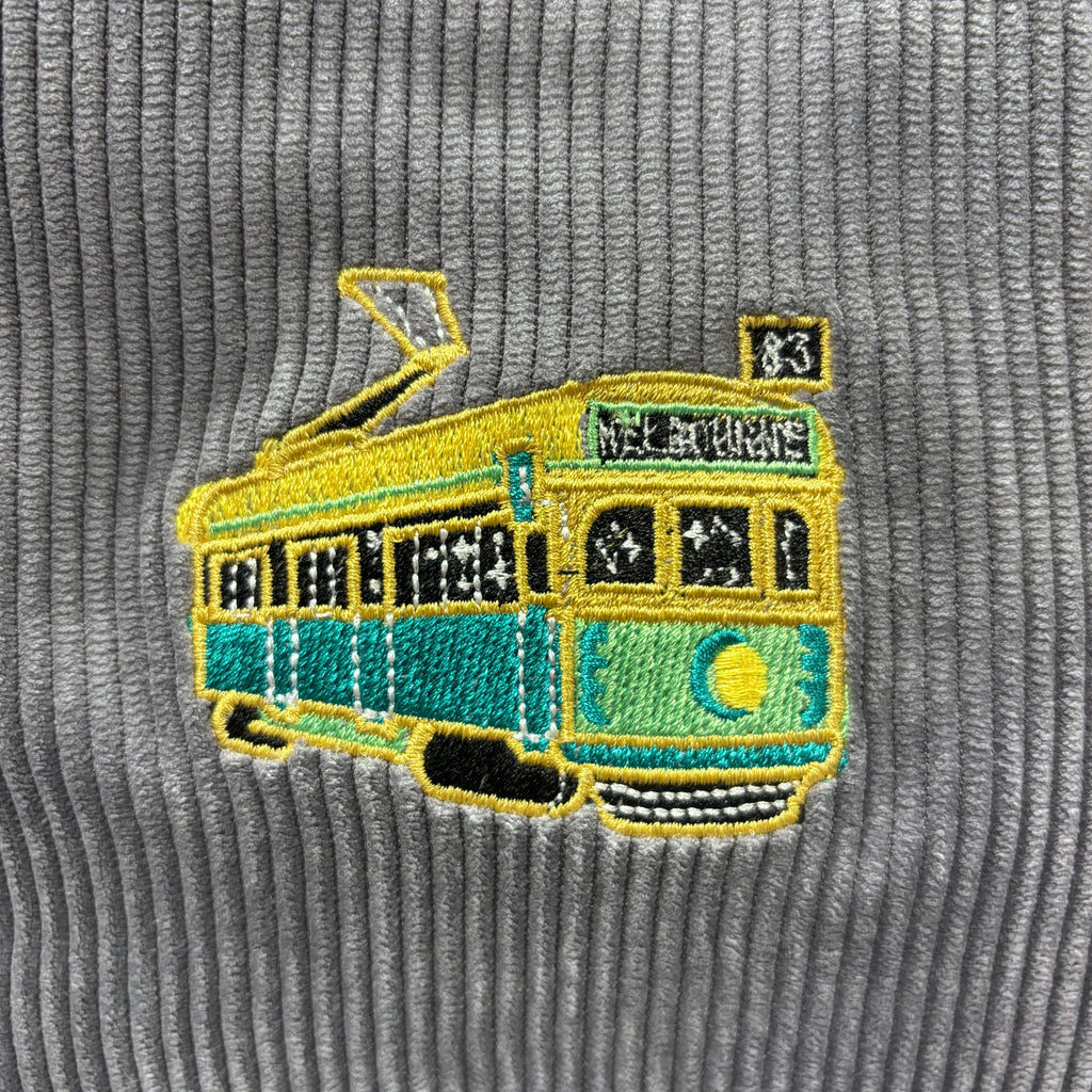 The Tram 🚃 on Gray Corduroy Large Toiletry + Makeup Bag