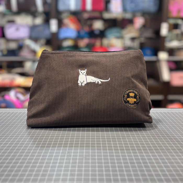 The White Cat 🐈 Brown Corduroy Large Toiletry + Makeup Bag