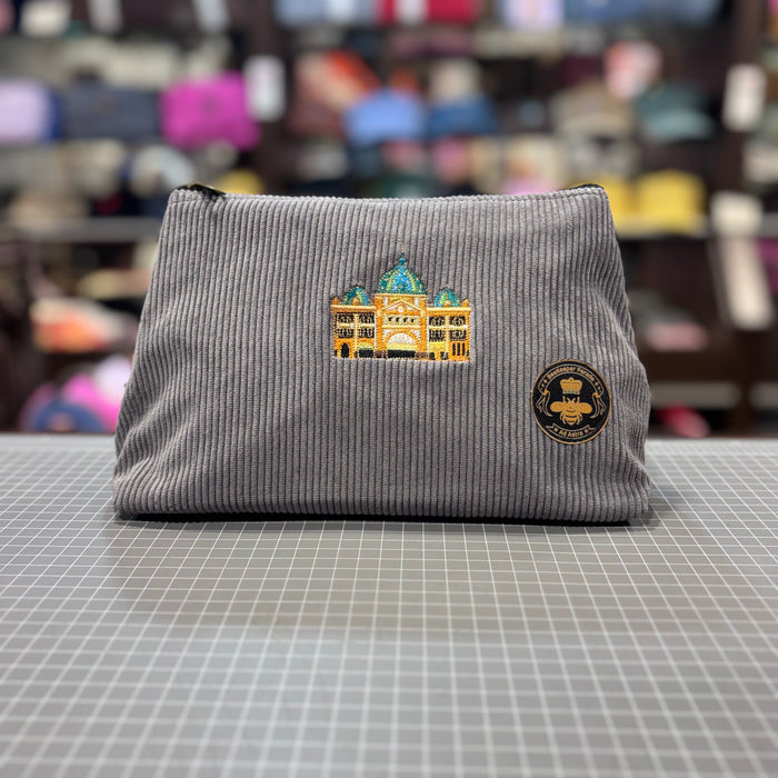 The Flinders St Station 🚊 Gray Corduroy Large Toiletry + Makeup Bag