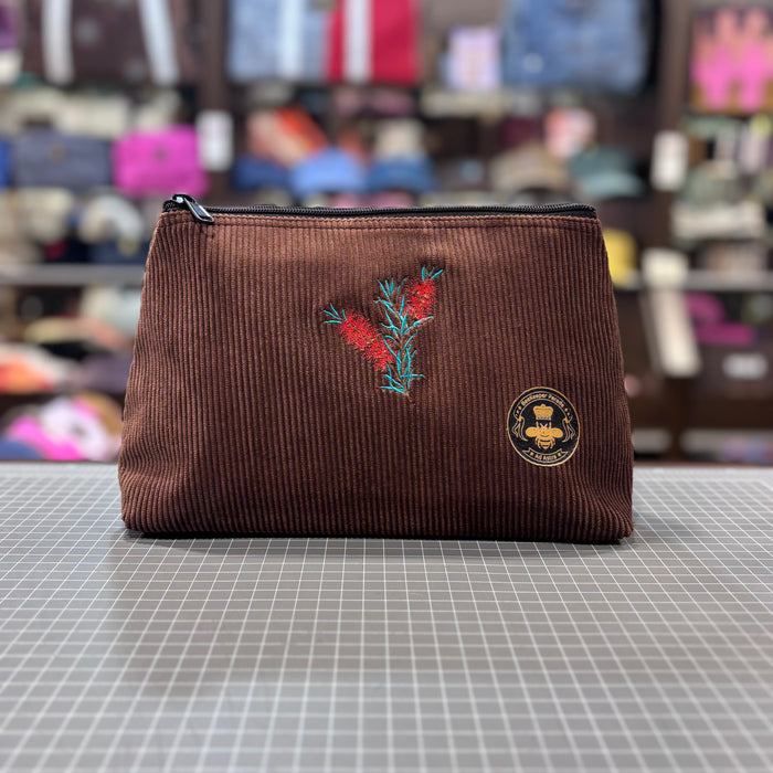 The Bottle Brush 🇦🇺🪡 Chocolate Corduroy Large Toiletry + Makeup Bag