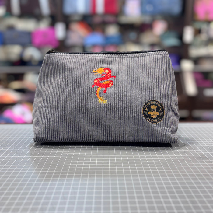 The Dragon Zodiac 🐉 Gray Corduroy Large Toiletry + Makeup Bag