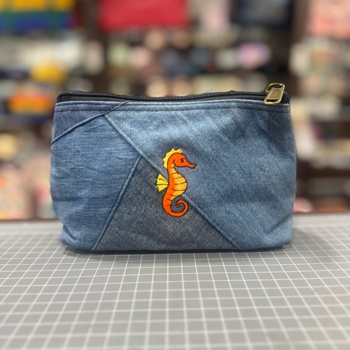 The Seahorse 🌊🐴 Embroidered Denim Small Toiletry + Makeup Bag
