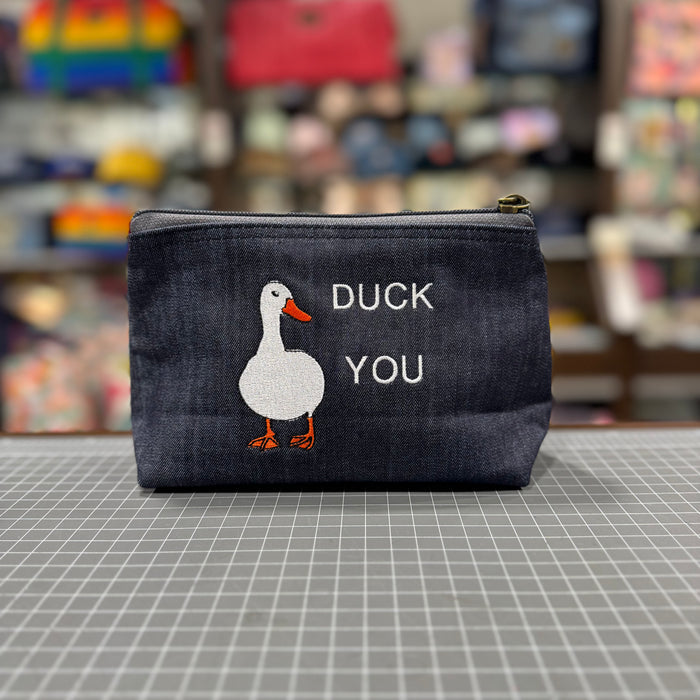 The Duck You 🦆 Embroidered Denim Small Toiletry + Makeup Bag
