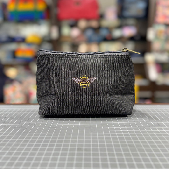 The Bee 🐝 Embroidered Denim Small Toiletry + Makeup Bag