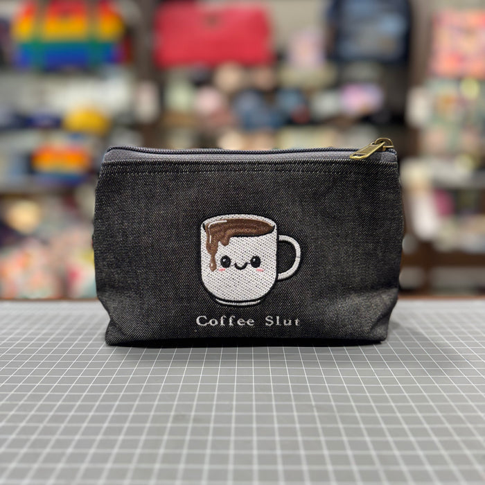 The Coffee Slut ☕️ Embroidered Denim Small Toiletry + Makeup Bag