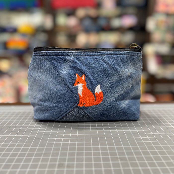 The Fox 🦊 Embroidered Denim Small Toiletry + Makeup Bag