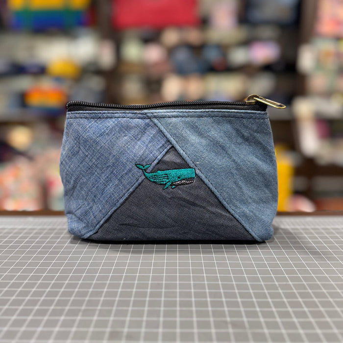 The Whale 🐳 Embroidered Denim Small Toiletry + Makeup Bag