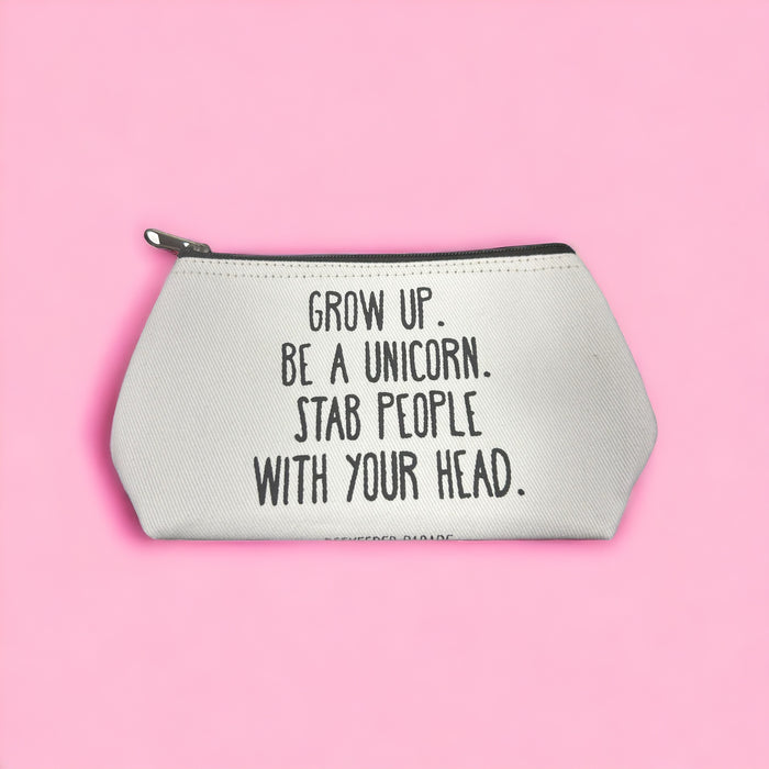 THE "GROW UP. BE A UNICORN 🦄" QUOTE Small Toiletry + Makeup Bag (WHITE CANVASS)